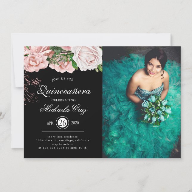 Vintage Blush Roses on Black Quinceanera Invitation (Front)