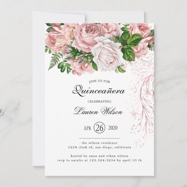 Vintage Blush Roses on White Quinceanera Invitation (Front)