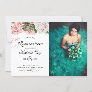 Vintage Blush Roses on white Quinceanera Invitation