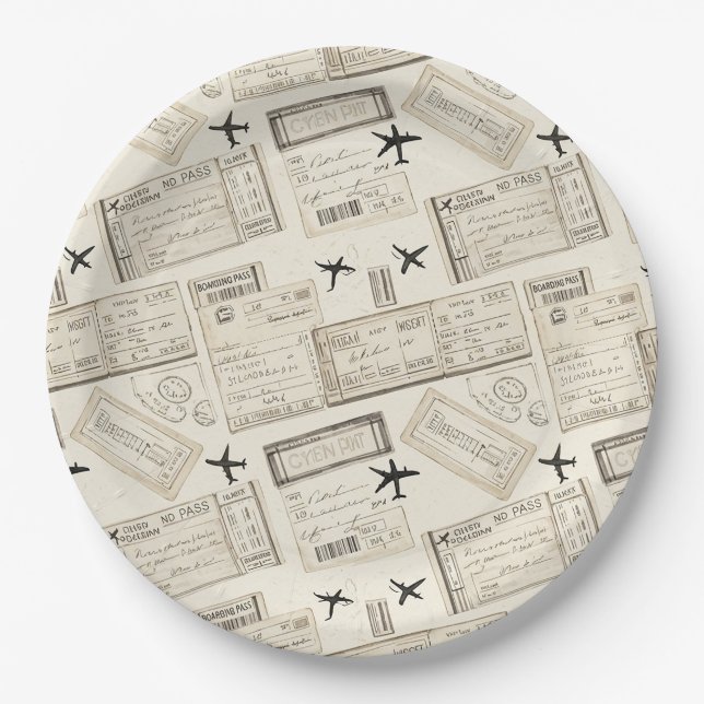 Vintage Boarding Pass Travel Pattern Paper Plate (Front)