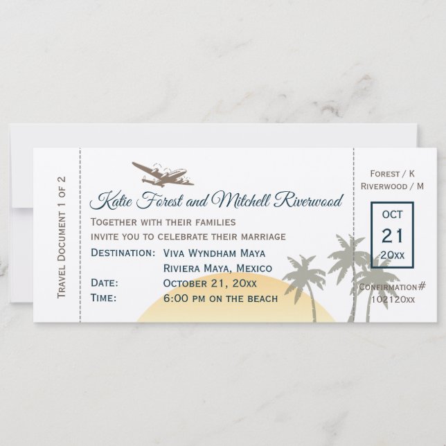 Vintage Boarding Pass Wedding on ecru Invitation (Front)