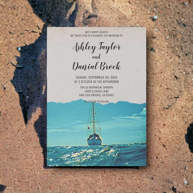 Vintage boat navy blue waves destination wedding invitation (Creator Uploaded)