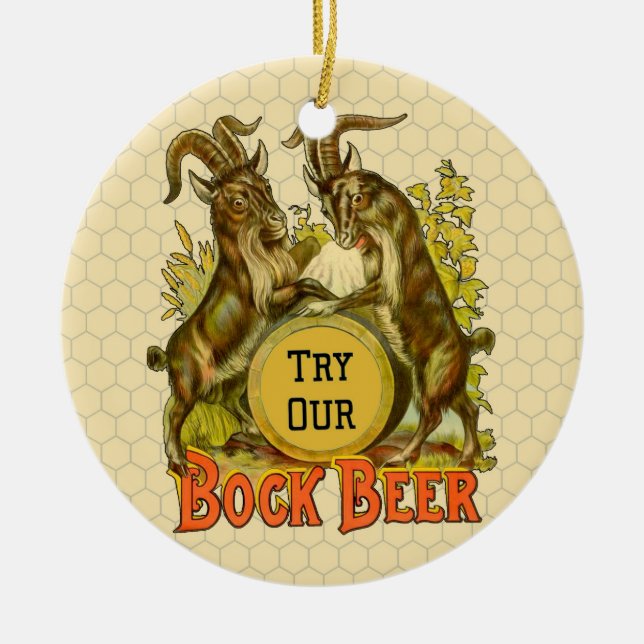 Vintage Bock Beer Poster: Antique Goat Saloon Bar  Ceramic Tree Decoration (Front)