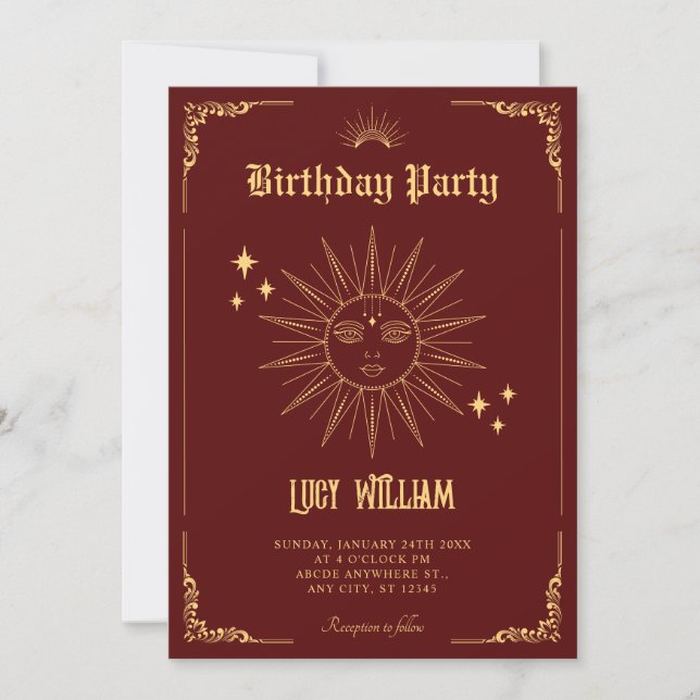 Vintage Bohemian art mystical sun birthday Invitation (Front)