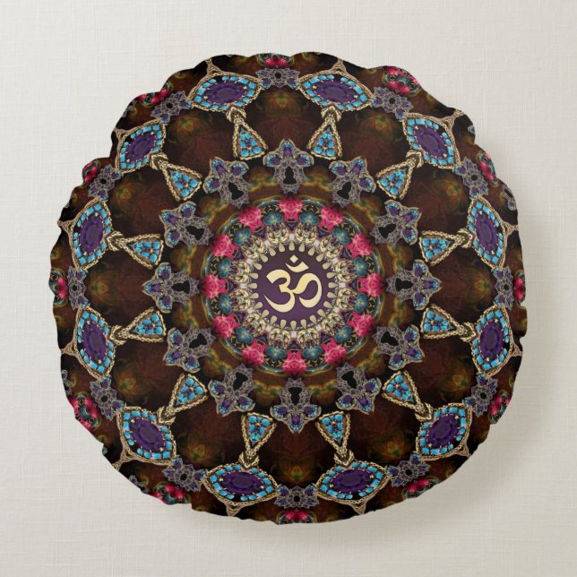 Vintage Bohemian Spiritual OM Yoga Round Cushion (Front)