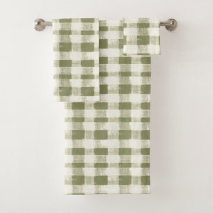 Vintage Bohemian Watercolor Plaid in Moss Green Bath Towel Set
