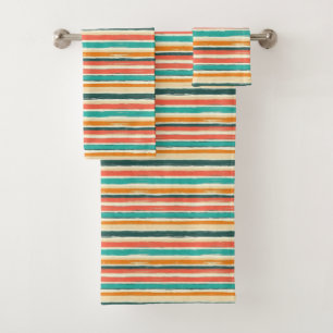 Vintage Bohemian Watercolor Striped (3) Bath Towel Set