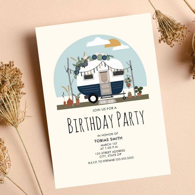 Vintage Boho Blue Camper Birthday Party Invitation (Creator Uploaded)