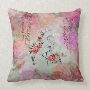 Vintage boho blush pink oriental bird roses floral cushion