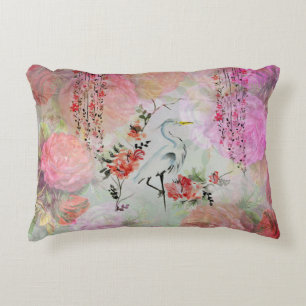 Vintage boho blush pink oriental bird roses floral decorative cushion