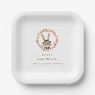Vintage Boho Bunny Wreath Baby Shower Paper Plate