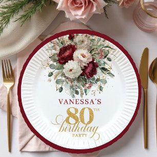 Vintage Boho Burgundy Floral 80th Birthday Paper  Plate