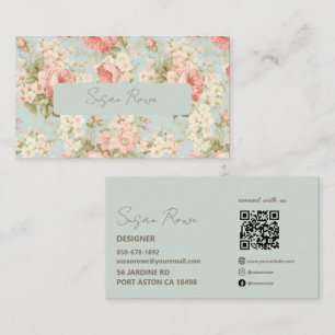 Vintage Boho Chic Floral Roses Sage Green QR Code Business Card