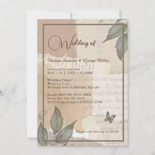 Vintage boho chic greenery wedding monogram invitation