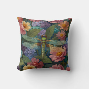 Vintage boho chic pastel floral garden dragonfly cushion