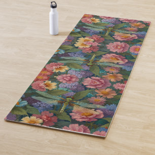 Vintage boho chic pastel floral garden dragonfly yoga mat