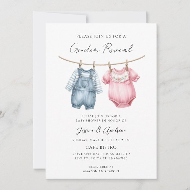 Vintage Boho Clothesline Gender Reveal Invitation (Front)