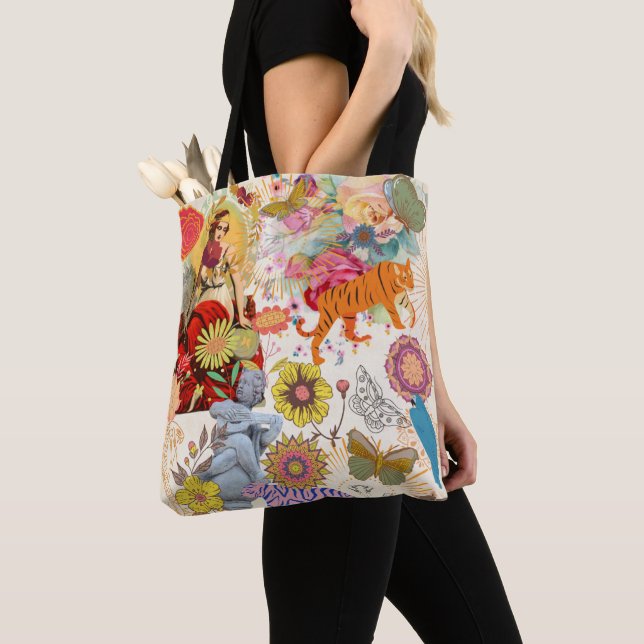 Vintage Boho Collage Pattern Cream Gypsy Soul Tote Bag (Close Up)