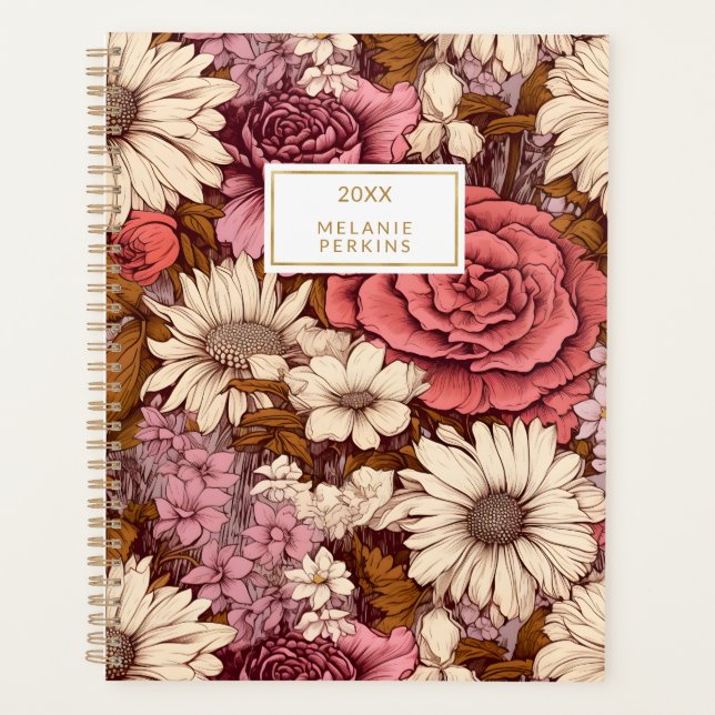 Vintage Boho Floral Pink Cream Wildflowers Planner (Front)