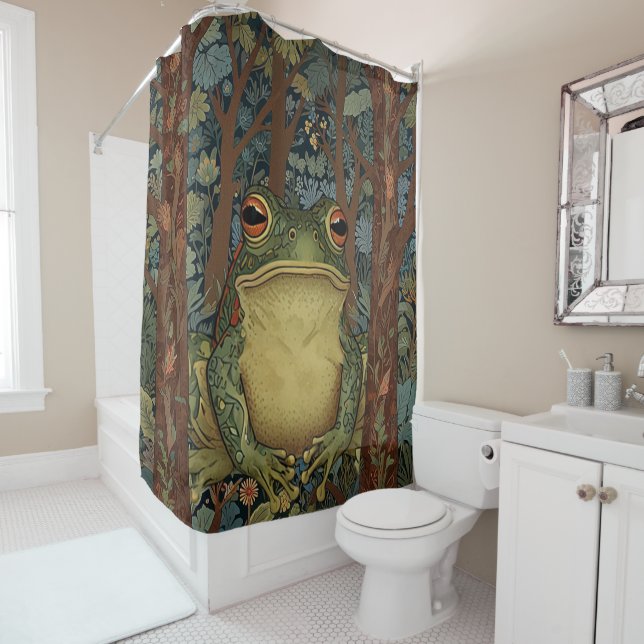 Vintage boho forest frog shower curtain (In Situ)