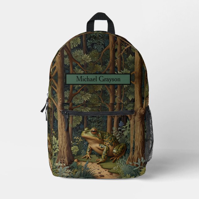Vintage boho frog woodland forest printed backpack (Front)