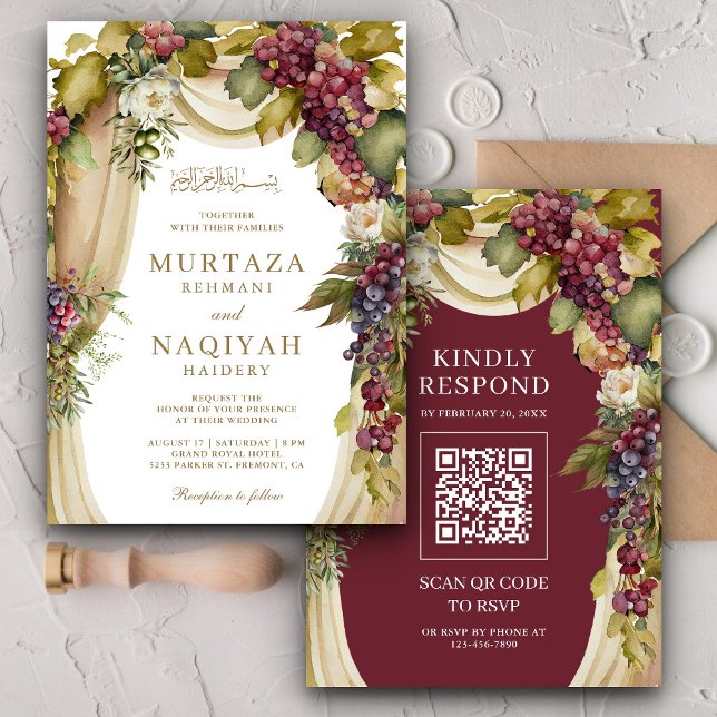 Vintage Boho Grapes Arch QR Code Muslim Wedding Invitation (Creator Uploaded)