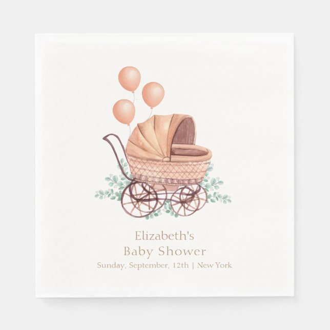 Vintage Boho Greenery Stroller Balloon Baby Shower Napkin (Front)