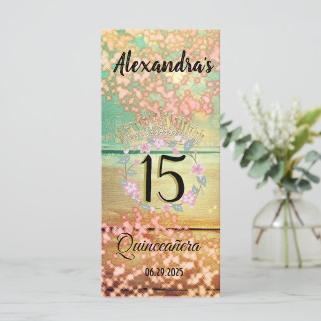 Vintage Boho Rose Gold Rustic Quinceañera Spanish  Menu (Standing Front)