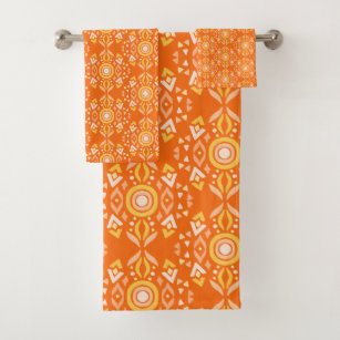 Vintage Boho Shapes Pattern in Orange and Yellow  Bath Towel Set