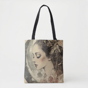 Vintage Boho Sideview Woman and Crescent Moon Tote Bag