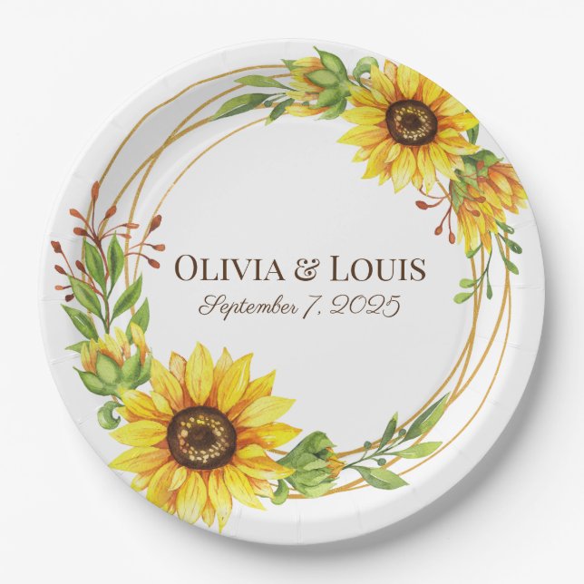 Vintage boho wedding sunflowers romantic  paper plate (Front)