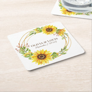 Vintage boho wedding sunflowers romantic  square paper coaster