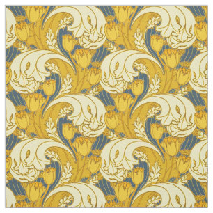 Vintage Bold Tulip Blue Gold Pattern Fabric