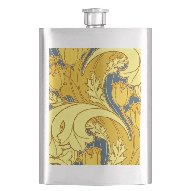 Vintage Bold Tulip Blue Gold Pattern Hip Flask (Front)
