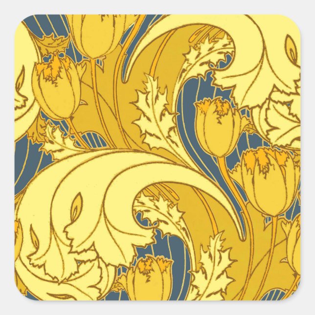 Vintage Bold Tulip Blue Gold Pattern Square Sticker (Front)