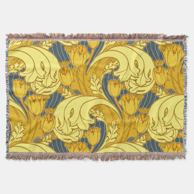 Vintage Bold Tulip Blue Gold Pattern Throw Blanket (Front)