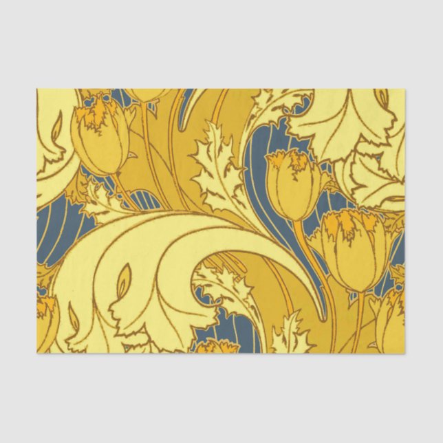 Vintage Bold Tulip Blue Gold Pattern Tissue Paper (Front)