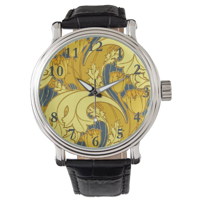 Vintage Bold Tulip Blue Gold Pattern Watch (Front)