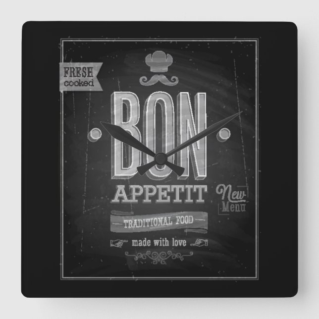 Vintage Bon Appetit Poster - Chalkboard Square Wall Clock (Front)