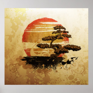 Vintage Bonsai Sunset Poster