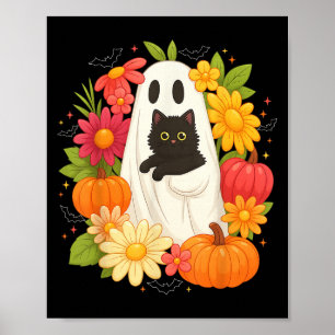Vintage Boo Halloween Ghost Floral Black Cat Groov Poster