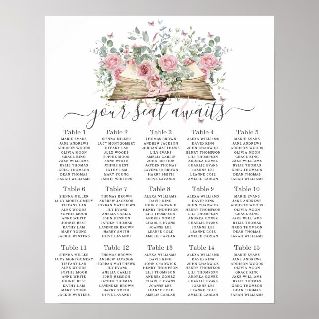 Vintage Book Blush Floral Bridal Seating Chart (Front)