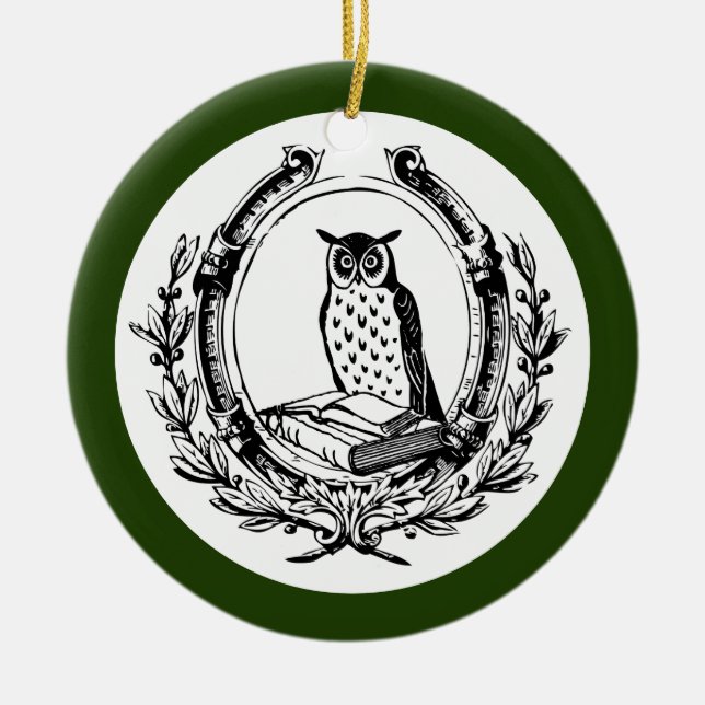 Vintage Book Bookplate Owl Teacher Christmas Green Ceramic Tree Decoration (Front)