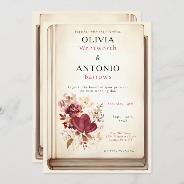 Vintage Book Cover Elegant Romantic Wedding Invitation (Front/Back)