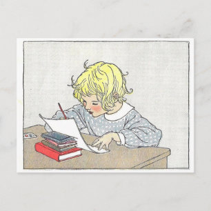 Vintage Book Illustration Girl Writing a Letter Postcard