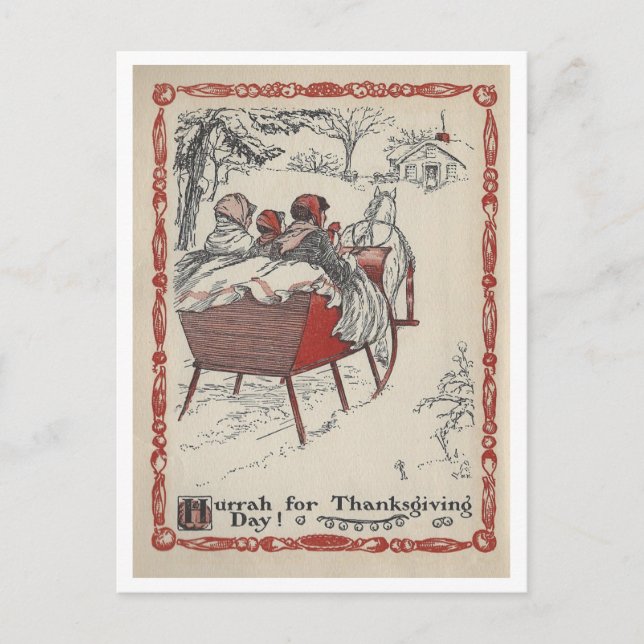 Vintage Book Illustration Thanksgiving Sleigh Ride Postcard (Front)