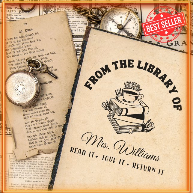 Vintage Book Library Teacher Personalised Self-inking Stamp (Creator Uploaded)