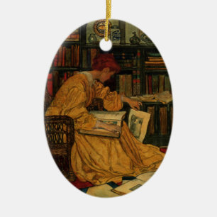 Vintage Book Lover Art Print   Art Nouveau Woman  Ceramic Tree Decoration