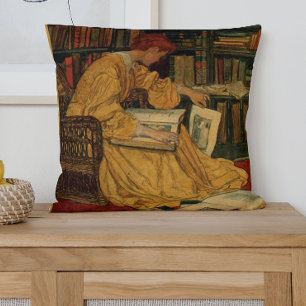 Vintage Book Lover Art Print Art Nouveau Woman Cushion