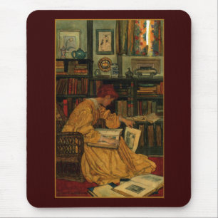 Vintage Book Lover Art Print Art Nouveau Woman Mouse Pad